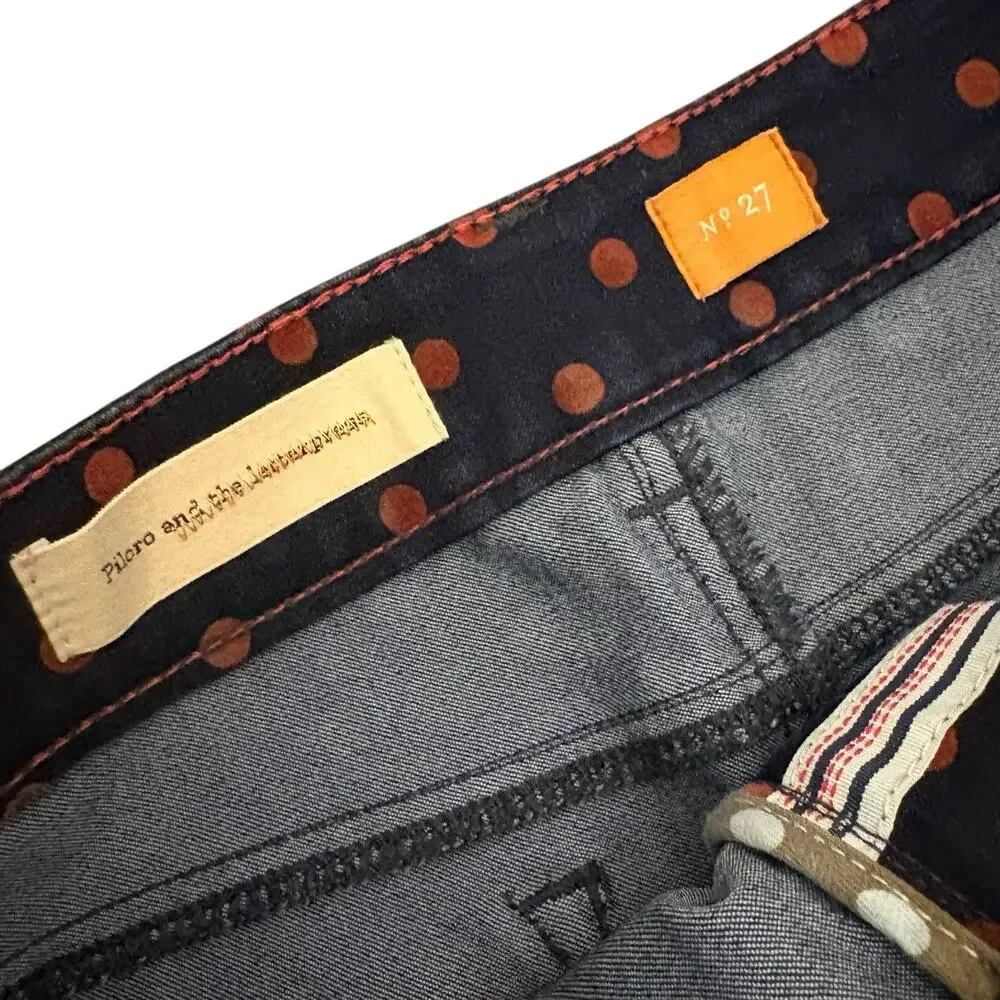 Anthropologie Pilcro Navy Brushed Denim Rust Polka Dot Pencil Skirt 27/4